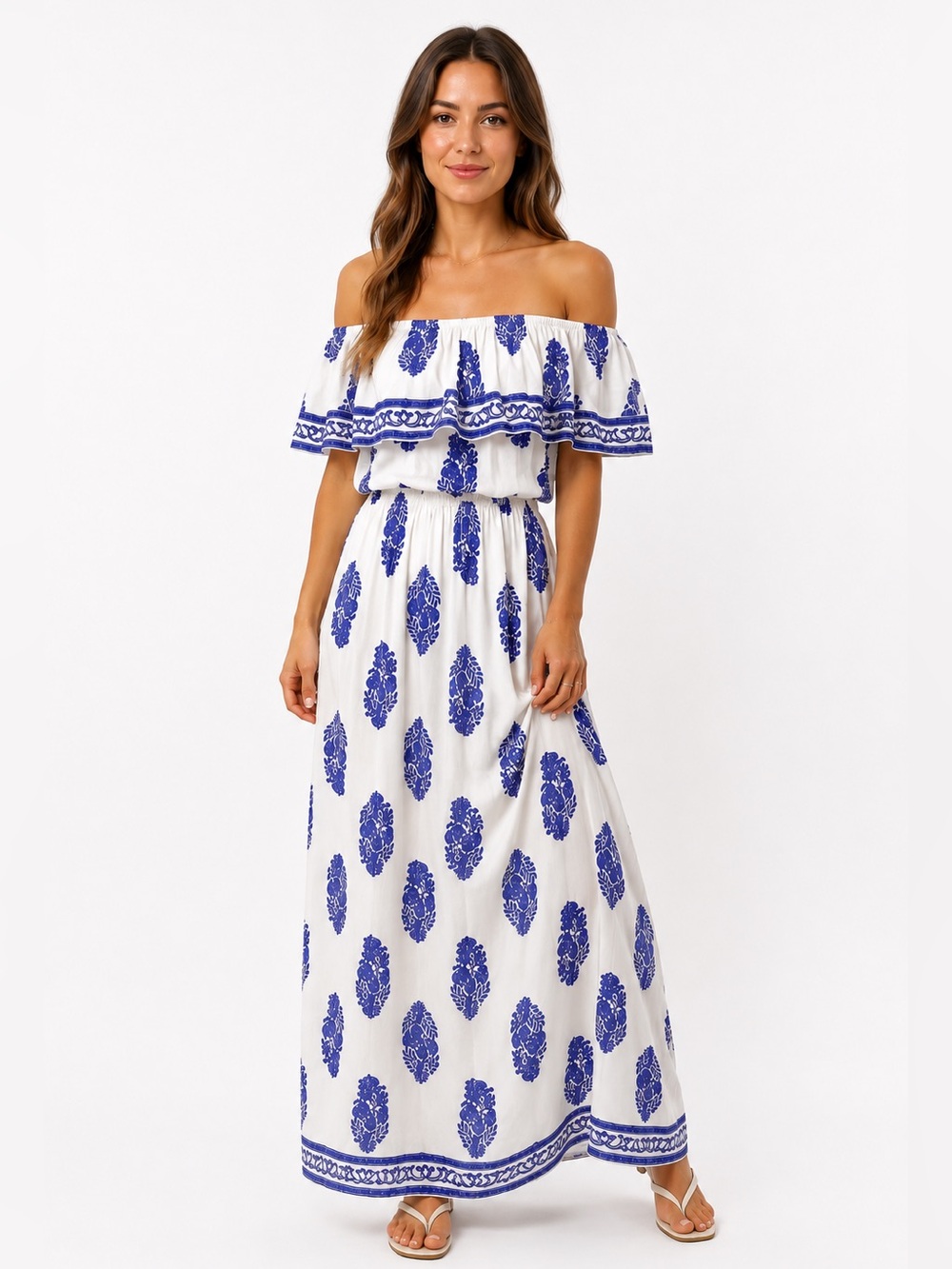 Kori America Off-Shoulder Blue and White Dress